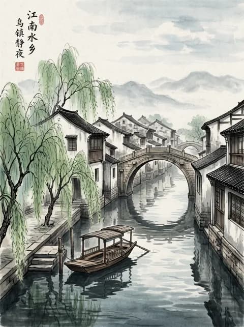 水墨风格的乌篷船、石拱桥与白墙黛瓦