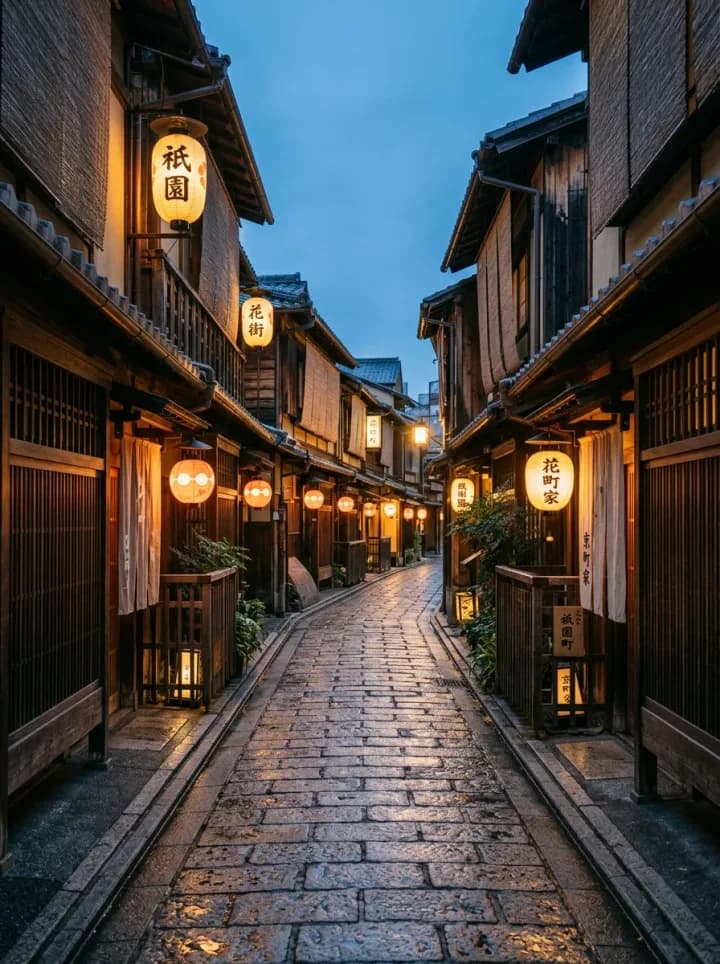 京都石畳窄巷,两侧木质町屋挂着纸灯笼,檐下暖光亮起